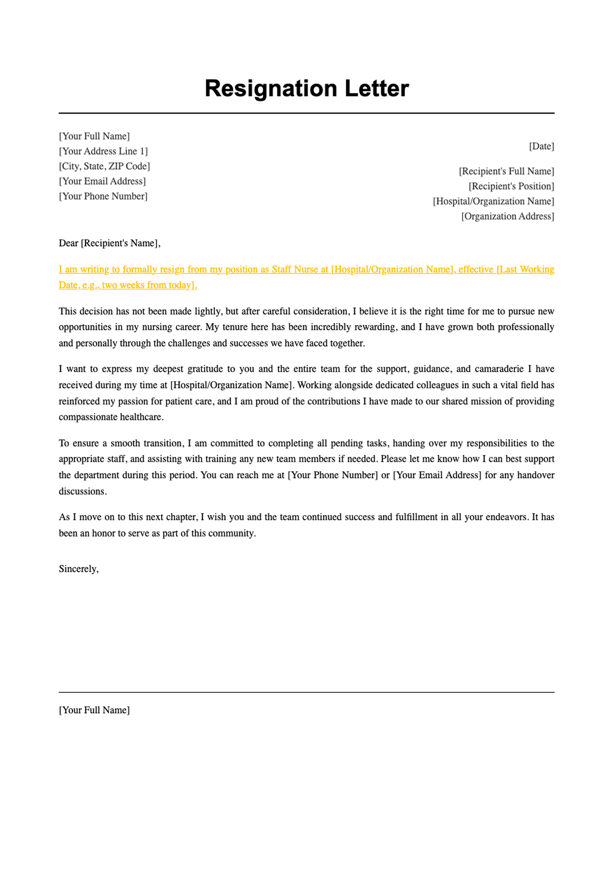 Staff nurse resignation letter sample with placeholder fields_variant_1